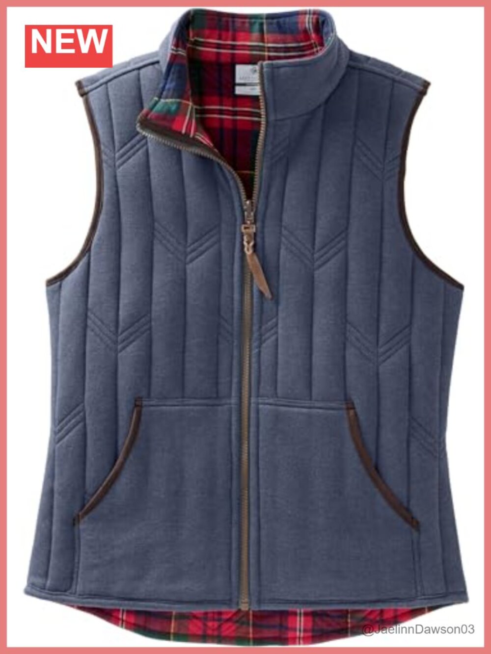 Reversible Plaid Flannel Faux Suede Trim Zip Vest